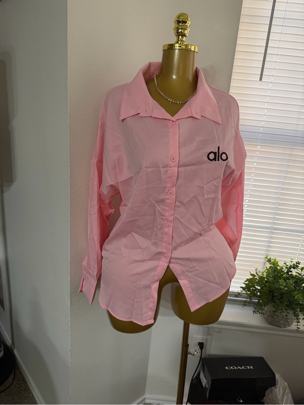 ALO Yoga Pink Button-Down Logo Shirt